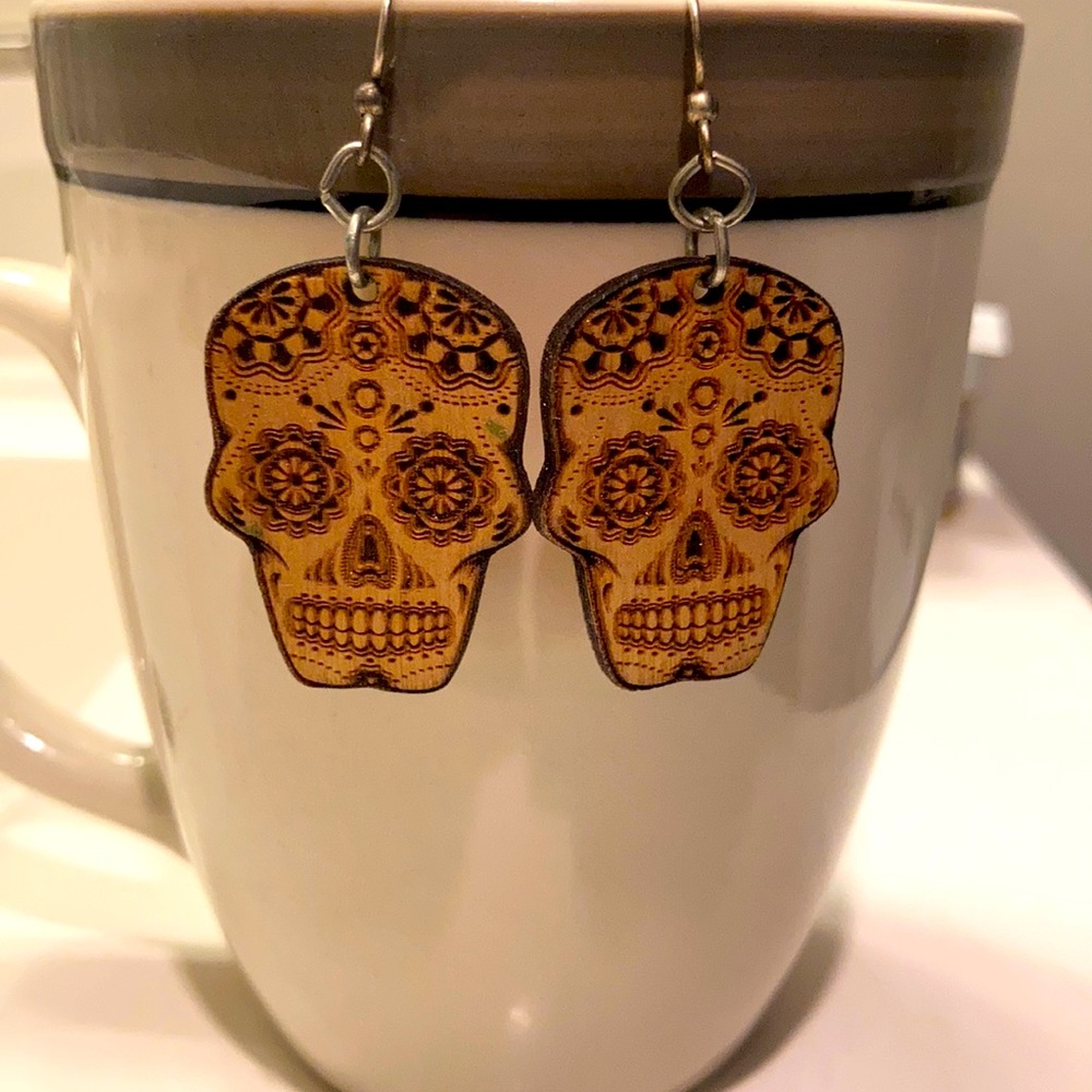Sugar skull wood earrings